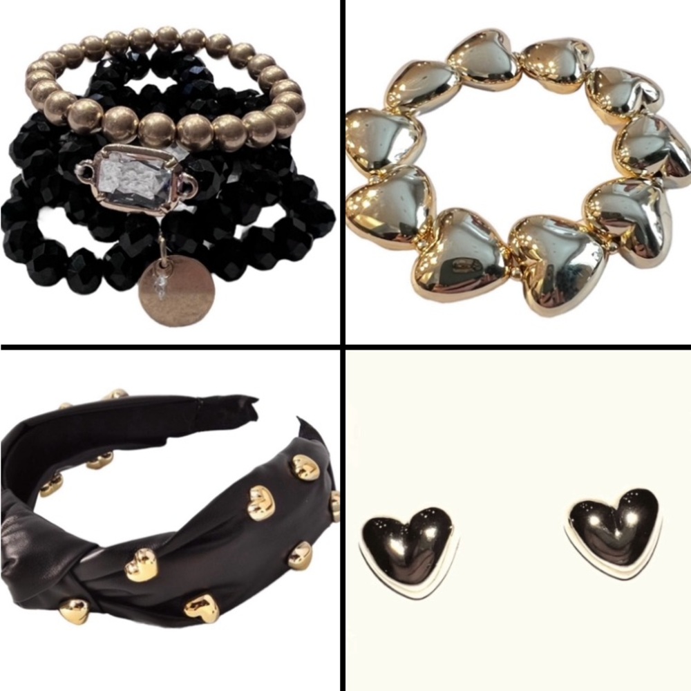 Happy VDAY ❤️ Puffy Heart Black Gold Faux Leather Headband Bracelets & Earrings